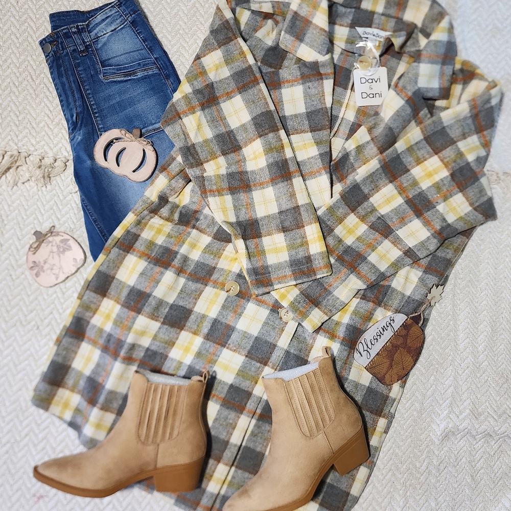 DAVI & DANI Checkered Colorblock Boho Lightweight Pea Coat Style Shacket